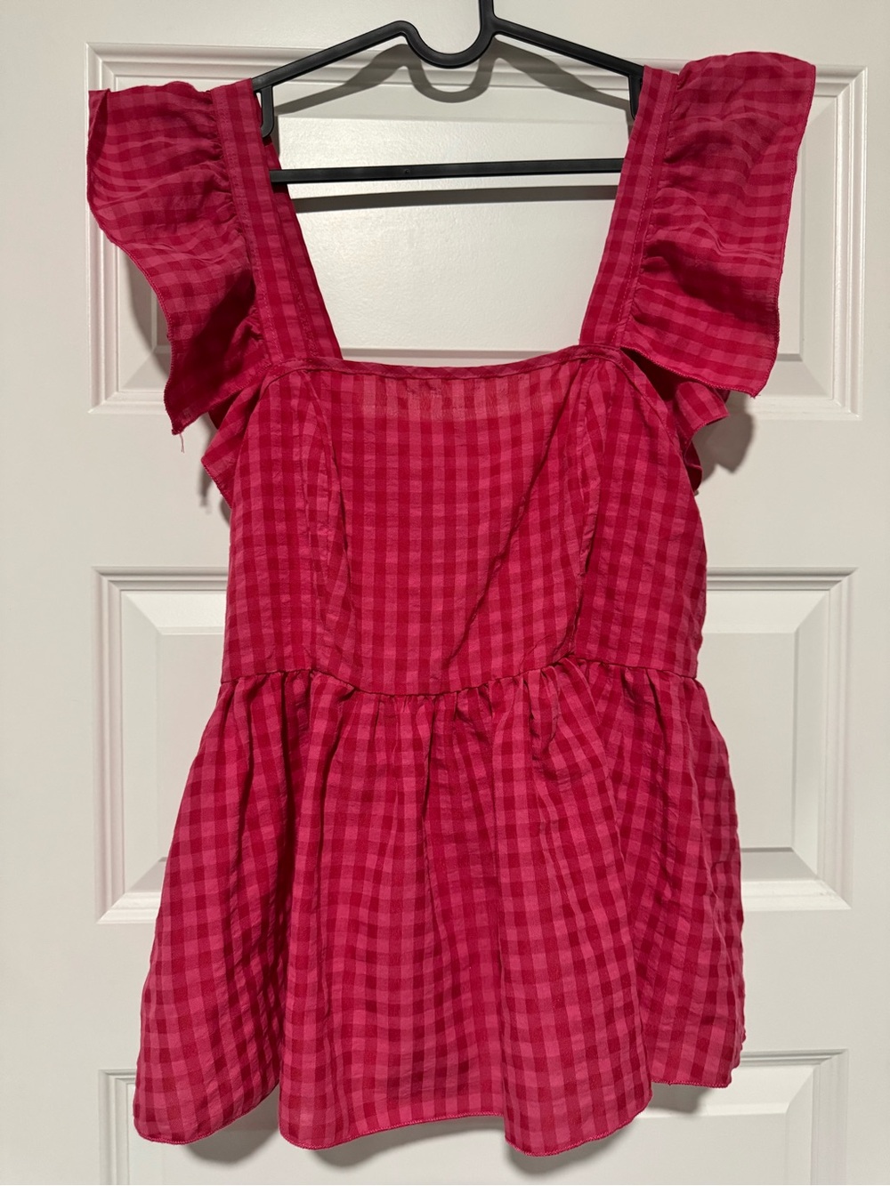 SHEIN Pink Red Gingham Ruffle Strap Peplum Top